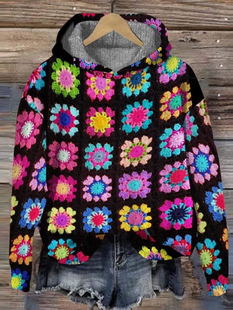 Vintage Afghan Blanket Woven Splicing Printed Knitted Hoodie