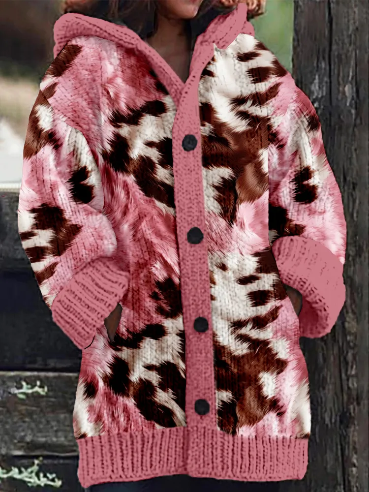 Western Pink Cowhide Pattern Cozy Hooded Cardigan