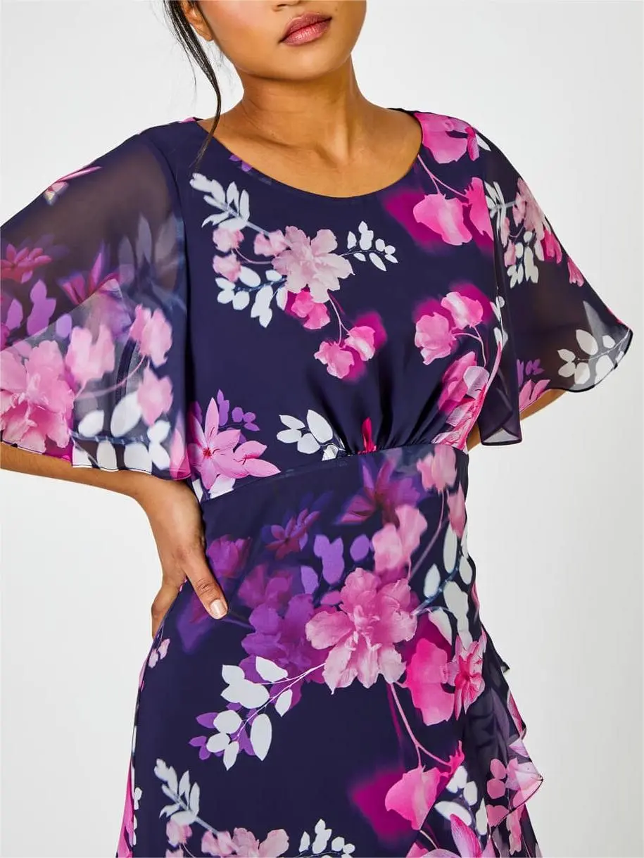 Navy Floral Chiffon Frill Asymmetric Midi Dress