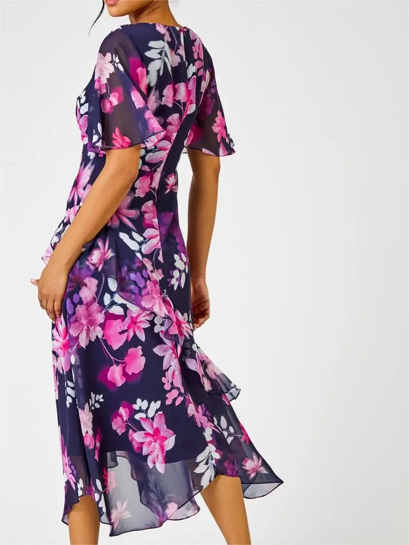 Navy Floral Chiffon Frill Asymmetric Midi Dress