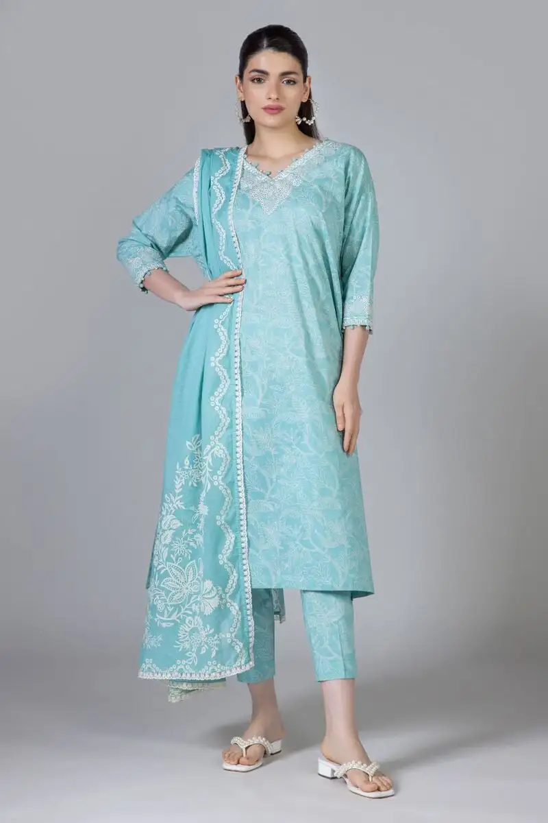 3 Piece Kurta Embroidered | Dupatta& Bottom & Tops | Color light green