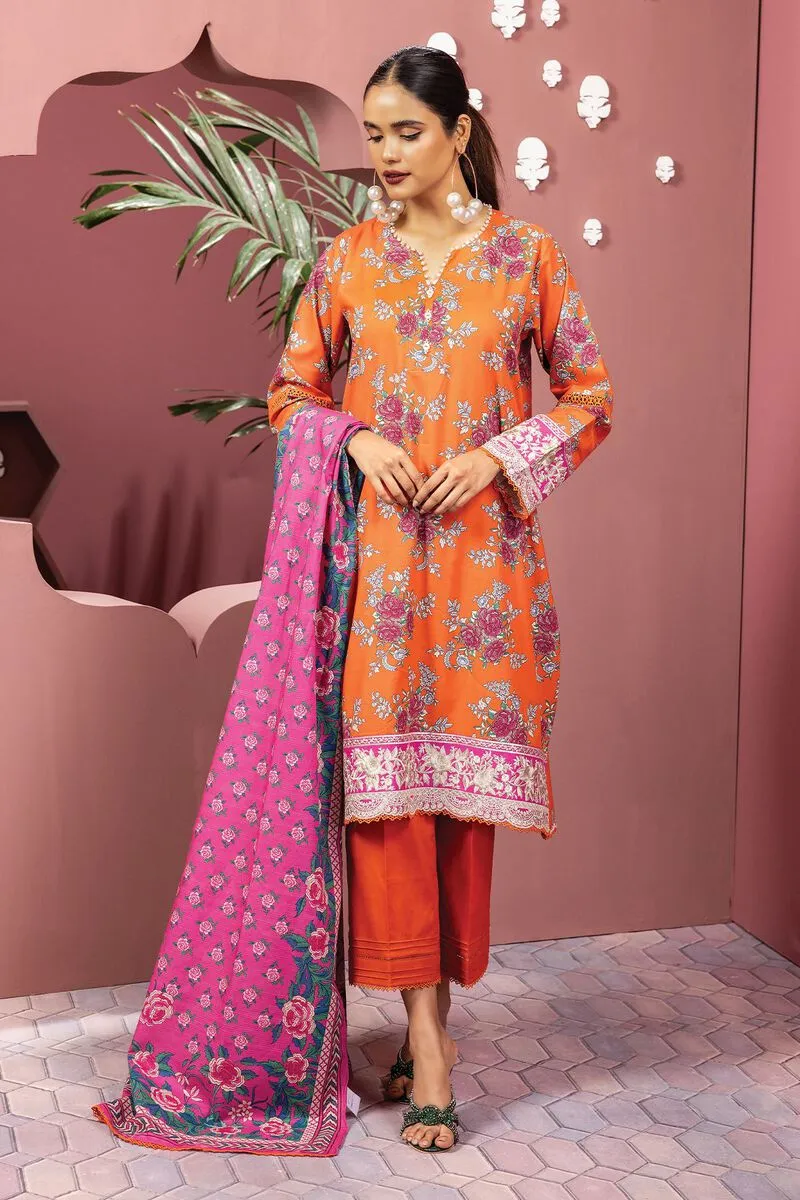 3 Piece Kurta Embroidered | Dupatta& Bottom & Tops | Color orange and pink