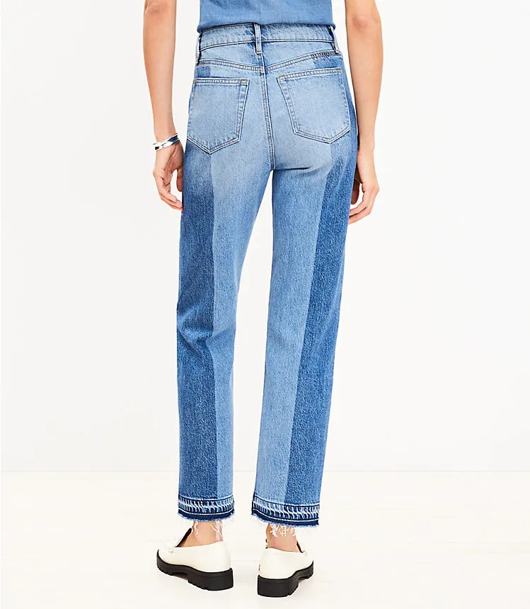 Striped Let Down Hem High Rise Straight Jeans in Original Mid Indigo Wash