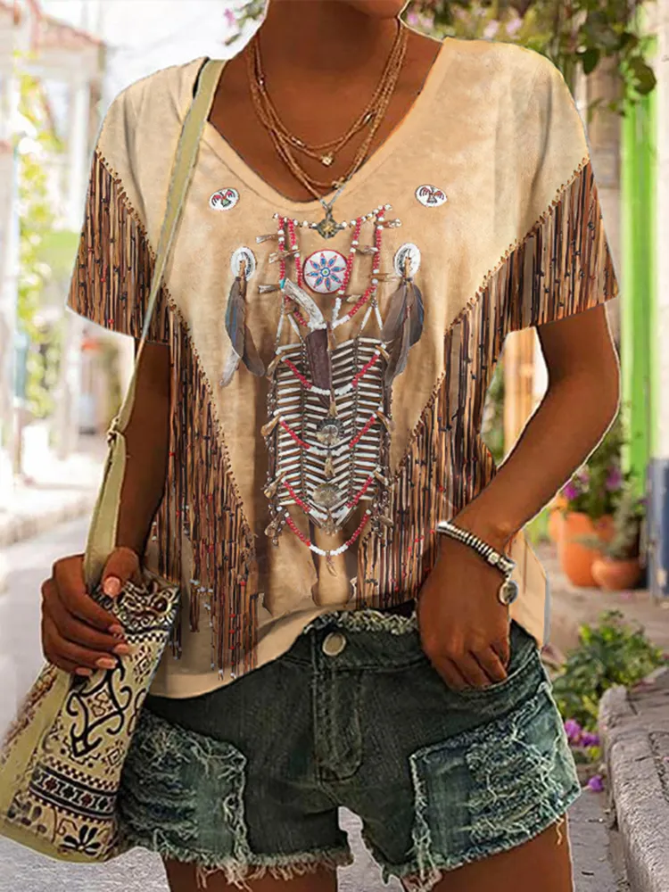 Women's Western Vintage Tassels Art V Neck Casual T-Shirt