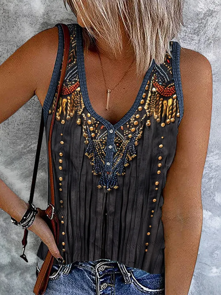 Western Tassel Print V-Neck Sleeveless Tank Top