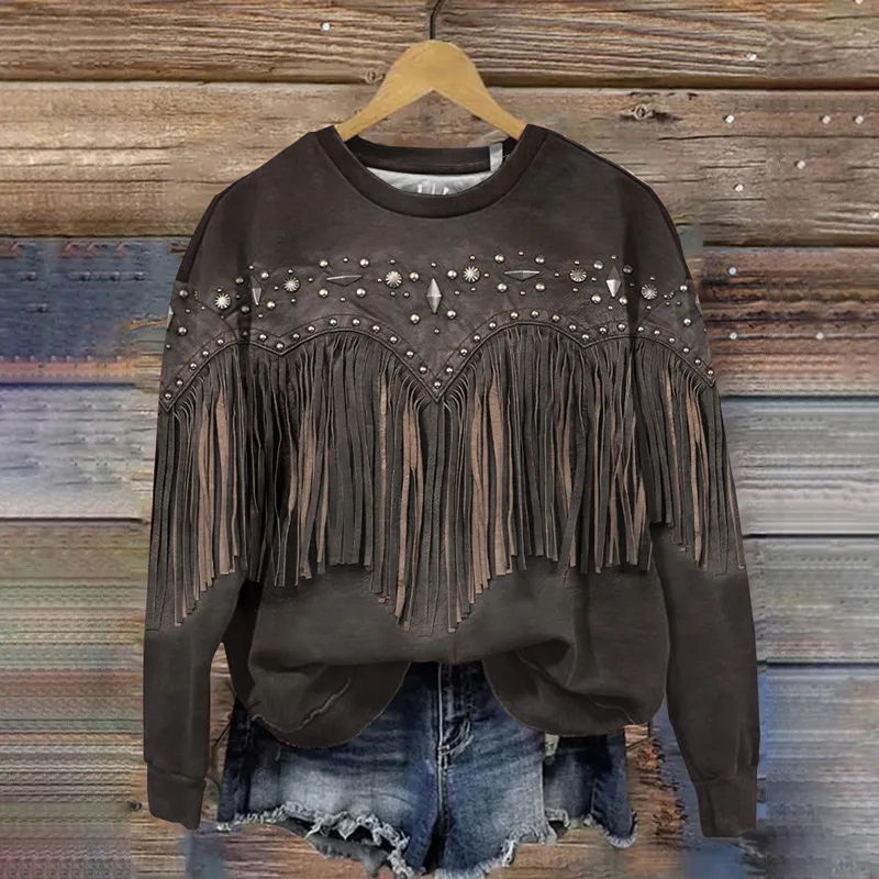 Western Tassel Printed Round Neck Long Sleeve Sweatshirt