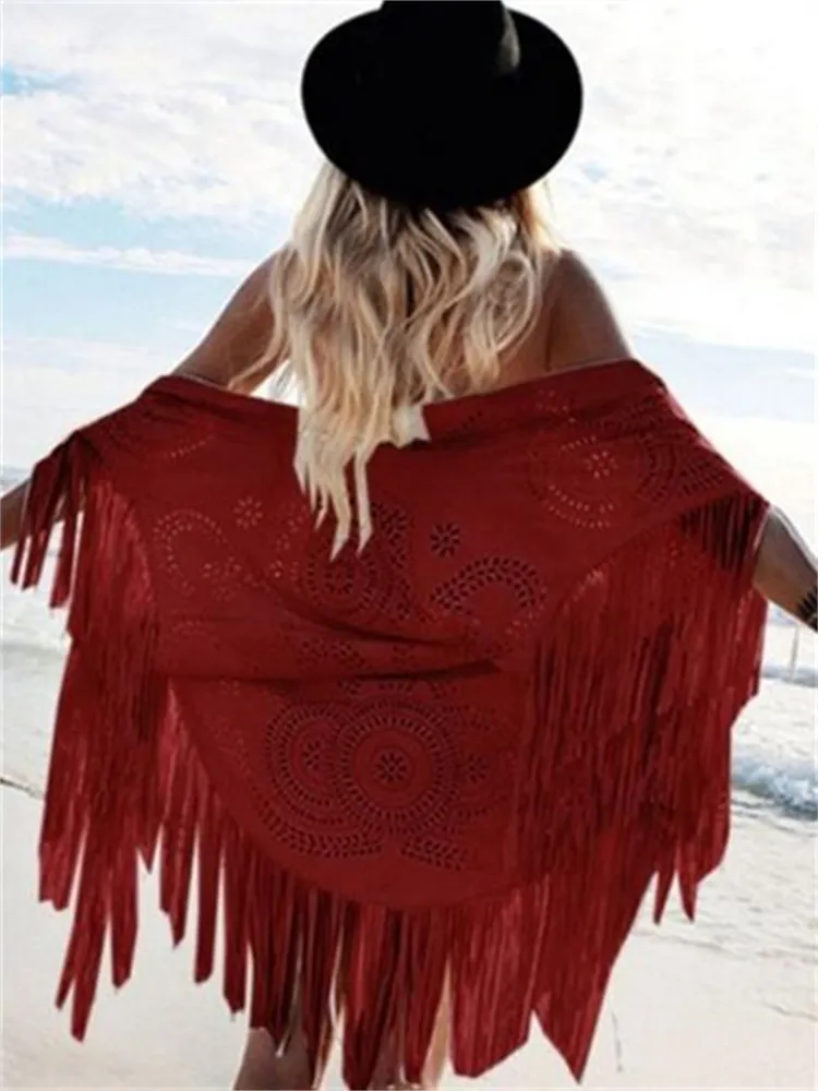 Western Hollow Carved Tassels Suede Shawl