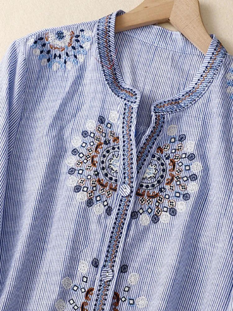 Women's Casual Retro Ethnic Style Embroidered Cotton Shirt