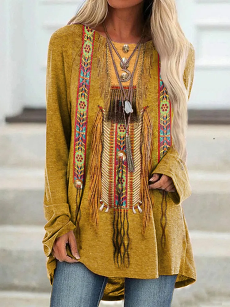 Western Print Round Neck Long Sleeve Casual Tunic