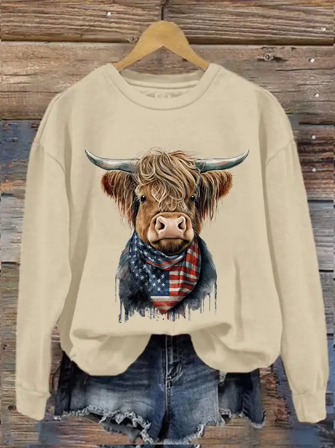 🔥Buy 3 Get 10% Off🔥🔥Buy 3 Get 10% Off🔥Women's Western F Highland Cow Flag Print Sweatshirt