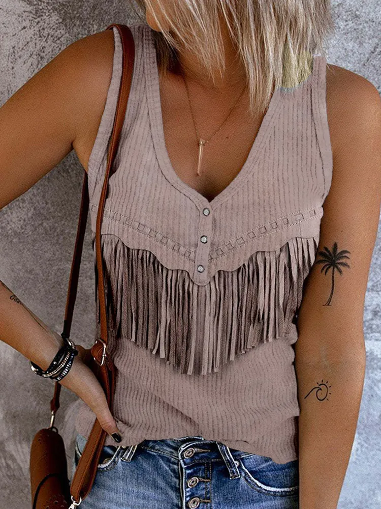 Western Leather Fringe Button Up V Neck Tank Top