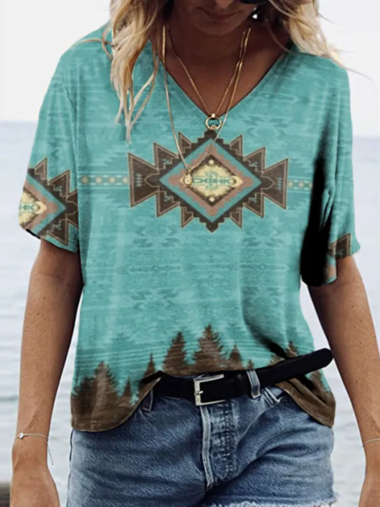 Western Print V-Neck Casual T-Shirt