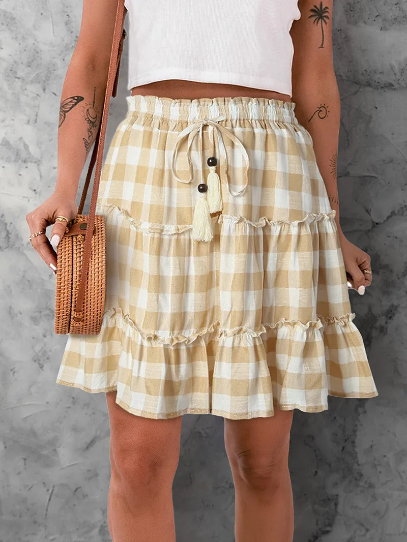 PLAID RUFFLE DECORATION SHIFT CASUAL CUTE SKIRTS