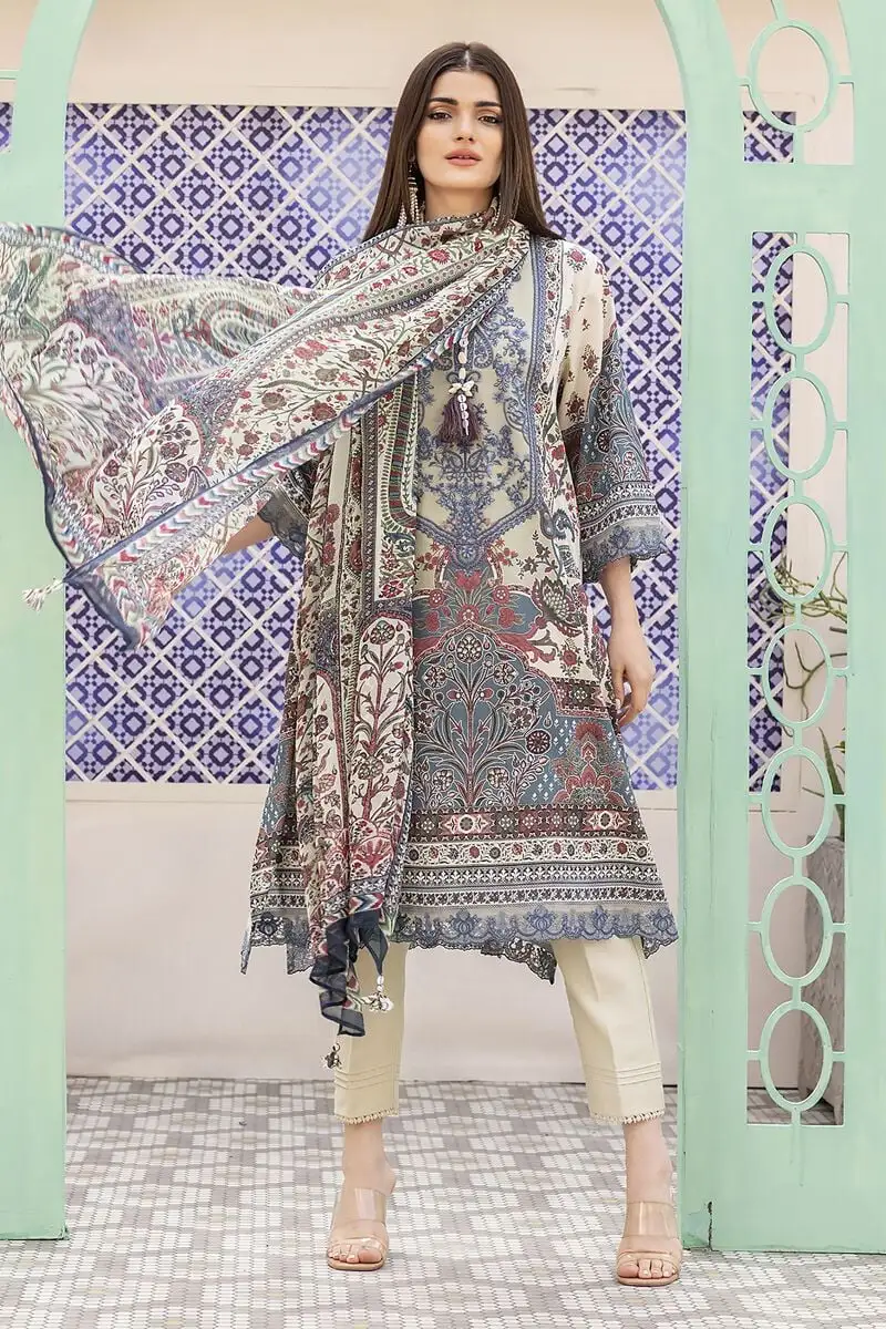 3 Piece Kurta Embroidered | Dupatta& Bottom & Tops | Color gray blue