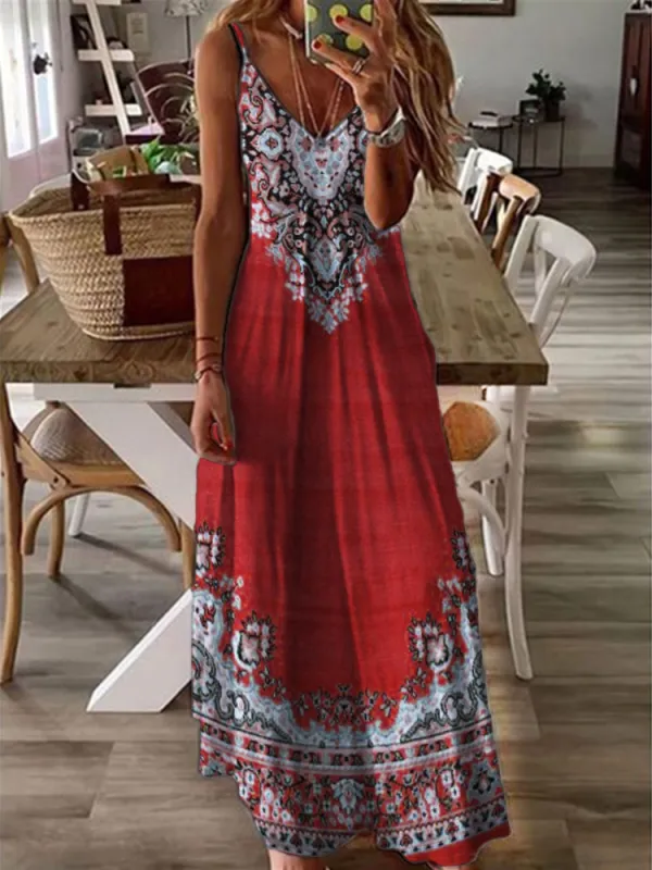 Boho Ethnic Floral V Neck Cami Max Dress