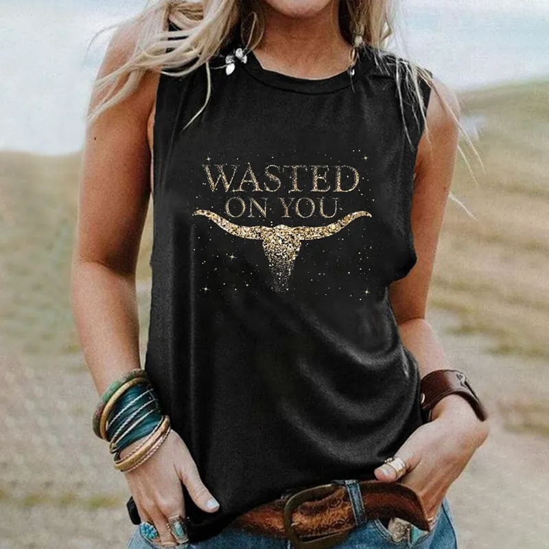 Wasted On You Up Down Print Round Neck Tank Top