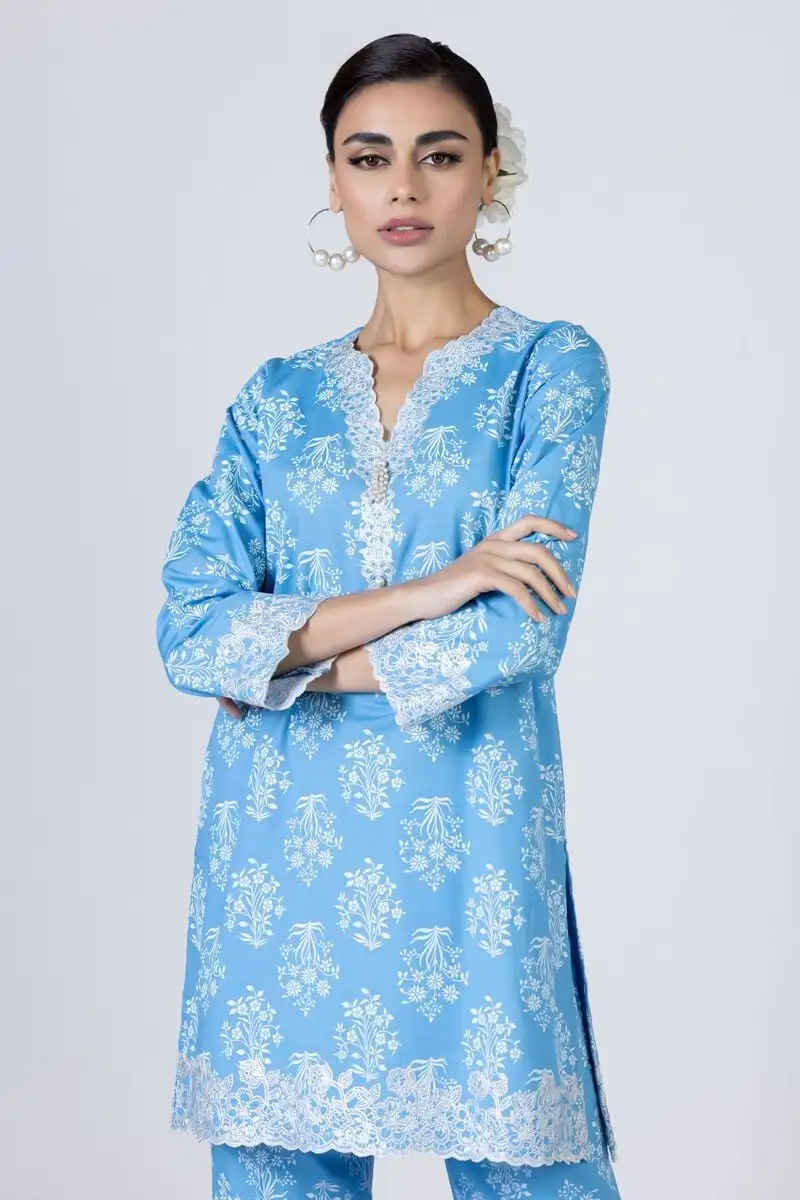 3 Piece Kurta Embroidered | Dupatta& Bottom & Tops | Color Blue