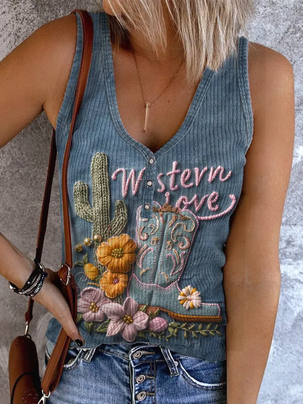 Western Cowgirl Boots Embroidery Pattern Button Up Tank Top