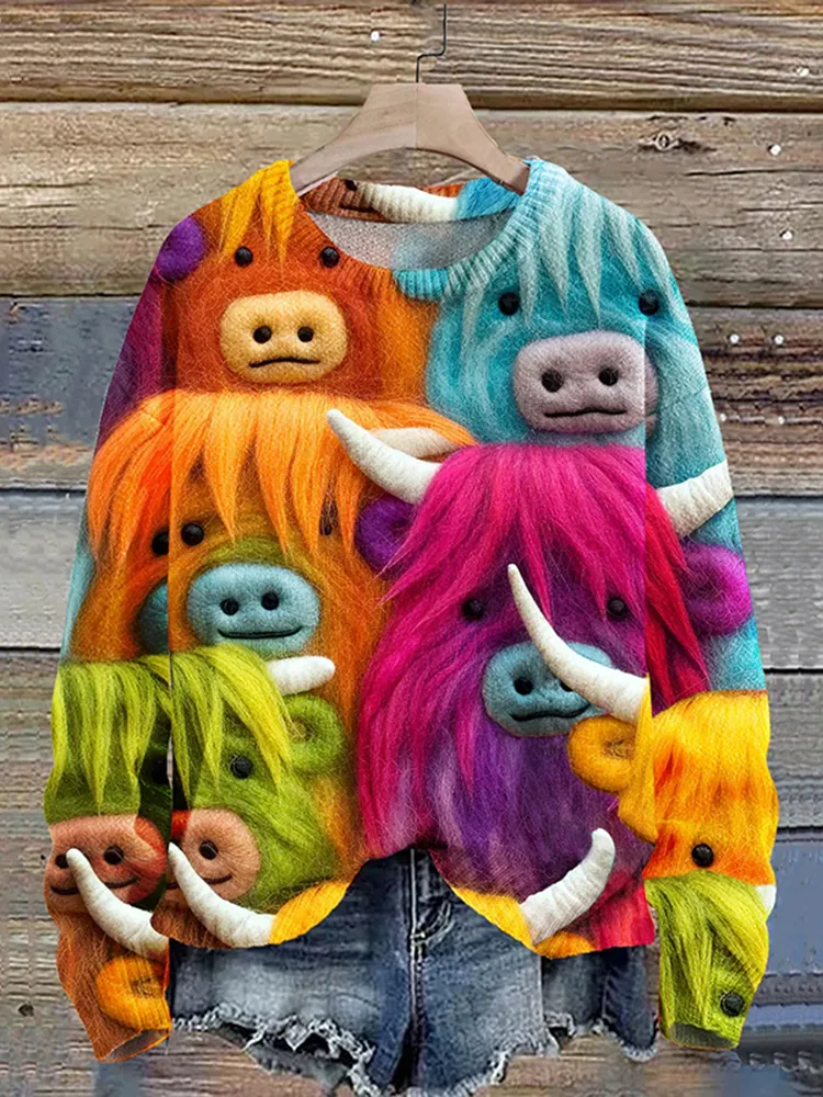 Colorful Highland Cow Seamless Pattern Print Knit Pullover Sweater