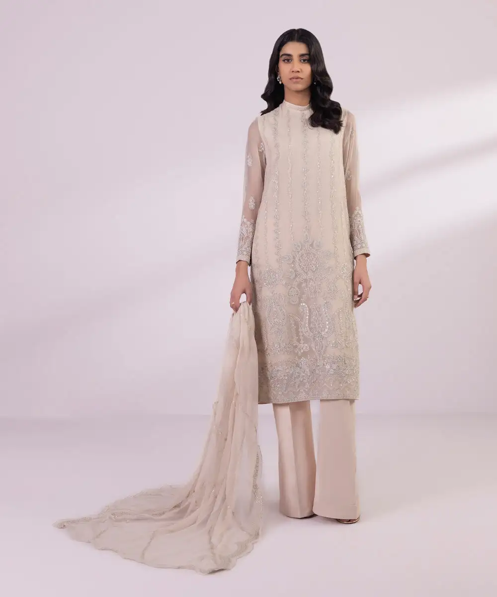 3 Piece - Embroidered Chiffon Suit