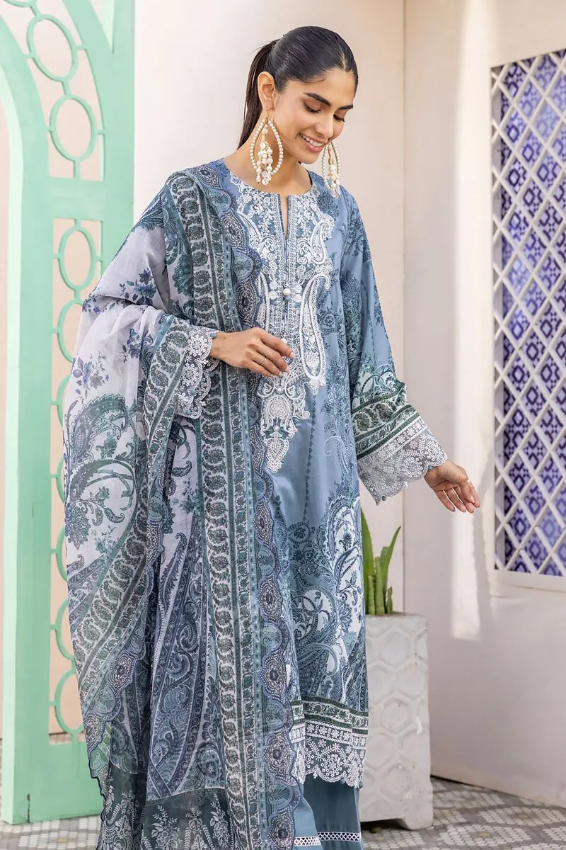 3 Piece Kurta Embroidered | Dupatta& Bottom & Tops | Color gray blue