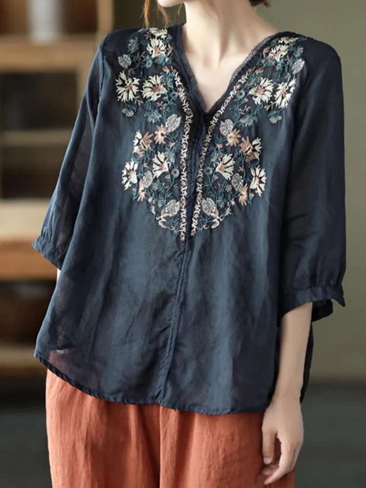 Women's Casual Retro Ethnic Embroidery Cotton Shirt