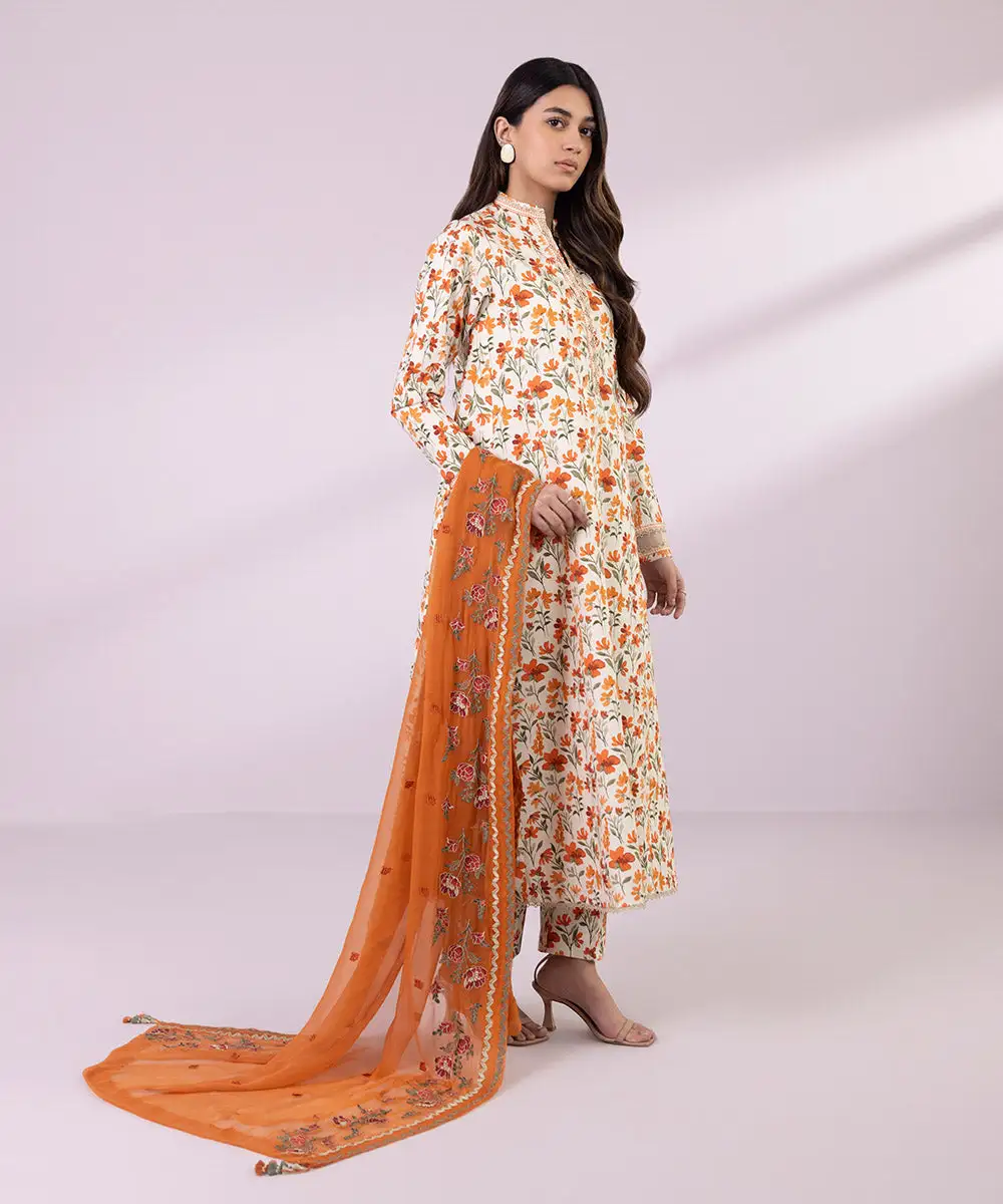 3 Piece - Embroidered Cotton Satin Suit