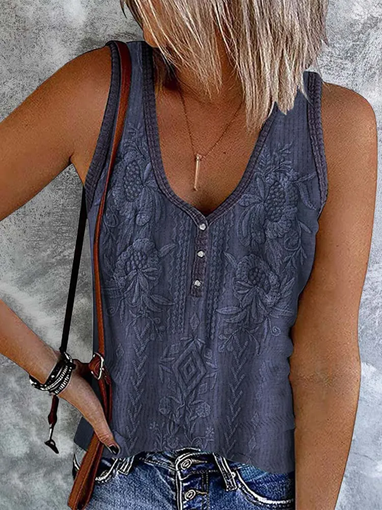 Western Tribal Print Button Casual Tank Top