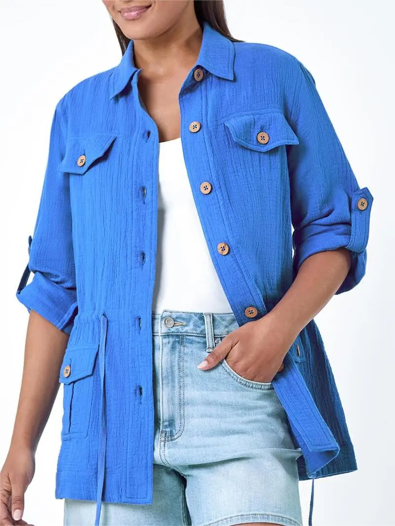 Blue Textured Tie Waist Shirt Jacket