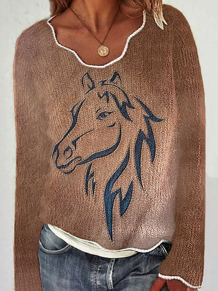 Vintage Western Horse Print Casual Cozy Sweater