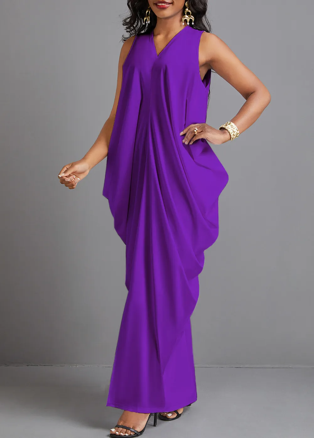 Split O Shape V Neck Purple Maxi Dress