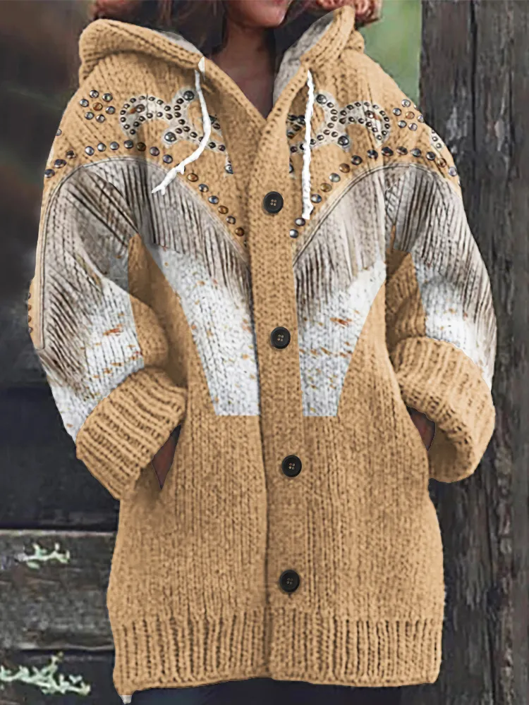 Western Fringed Print Knitted Hooded Cardigan