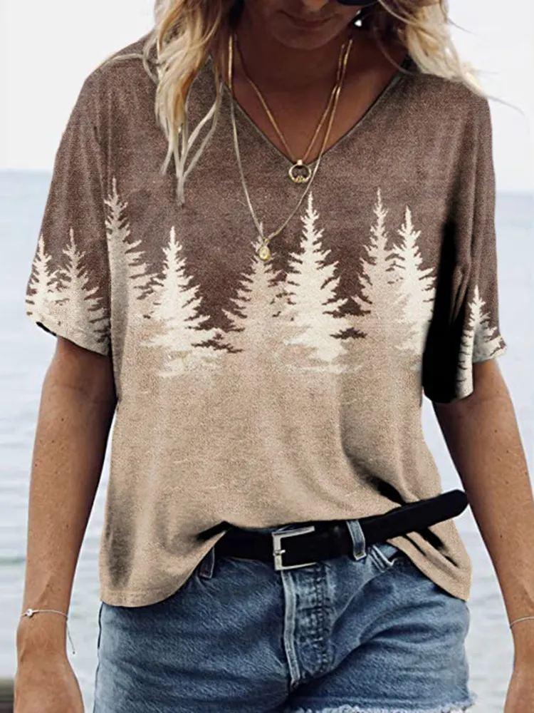 Vintage Forest Print V-Neck T-Shirt