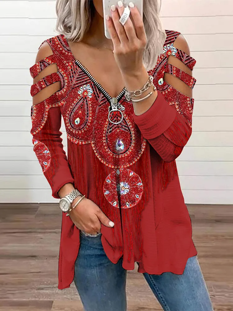 Vintage   Ethnic Water Drop Pattern Women'S Off-Shoulder T-Shirt