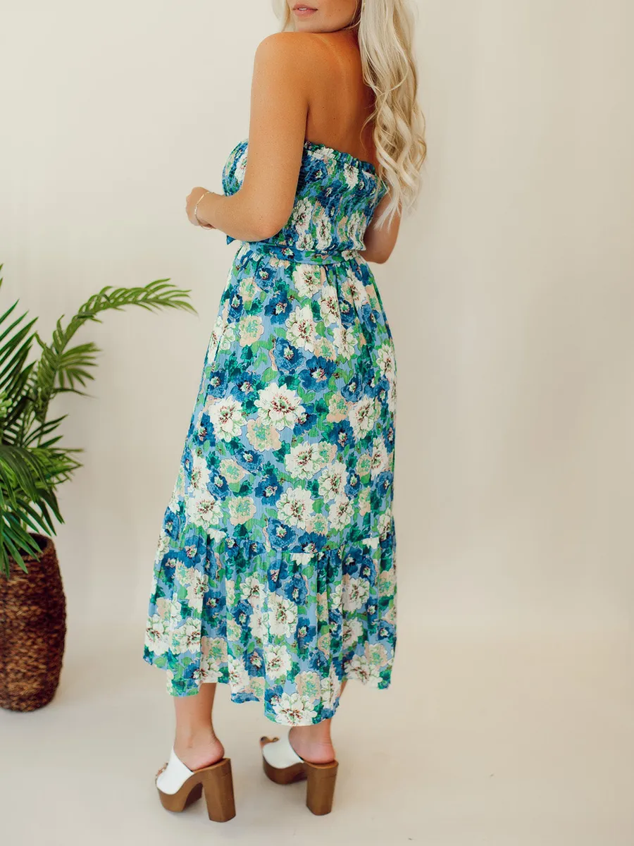 Floral patterned strapless mid length dress