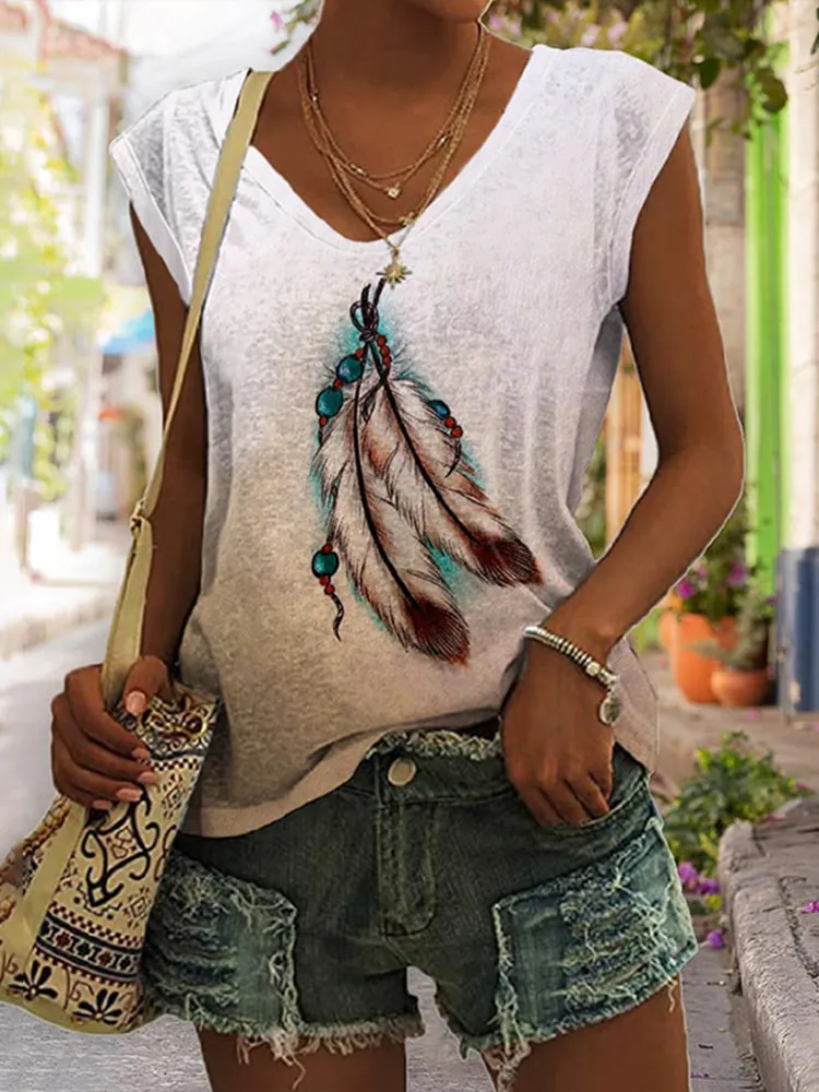 Vintage Feather Printed Tank Top