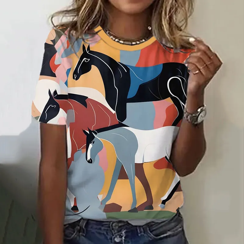 Women'S Multicolor Horse Printed Short Sleeve T-Shirt