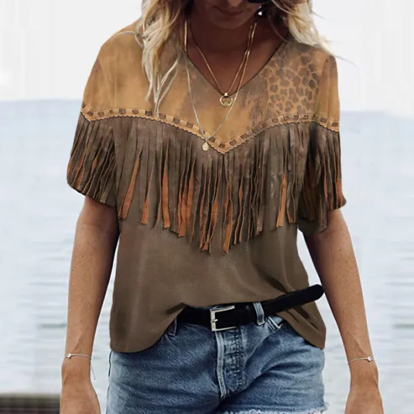 Vintage Western Tassel Print V-Neck Casual T-Shirt