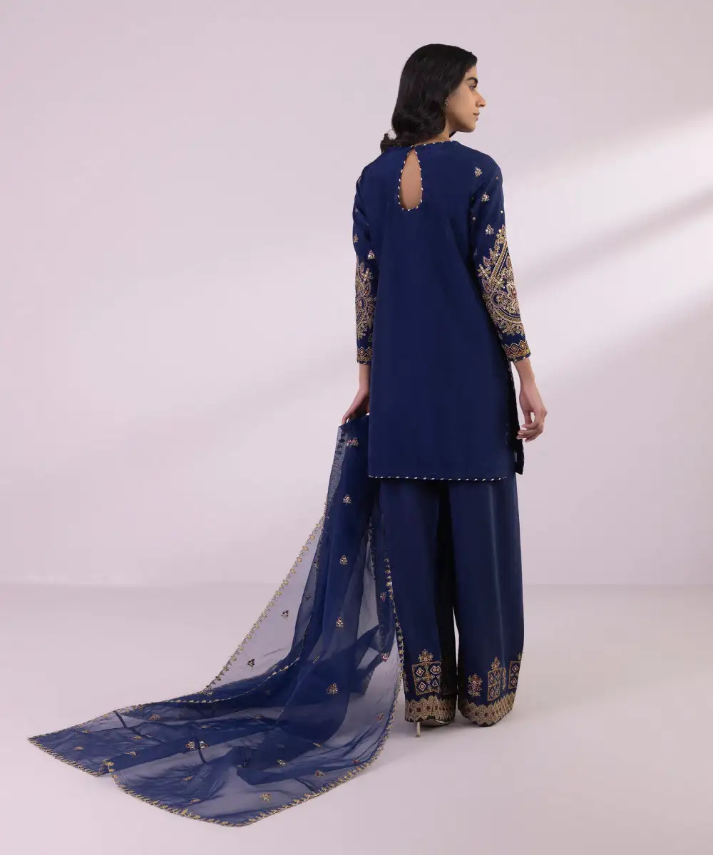 3 Piece - Embroidered Raw Silk Suit