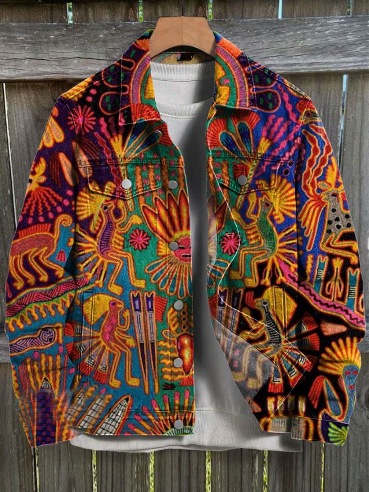 Retro Mexican Mayan Tribal Art Print Casual Denim Jacket