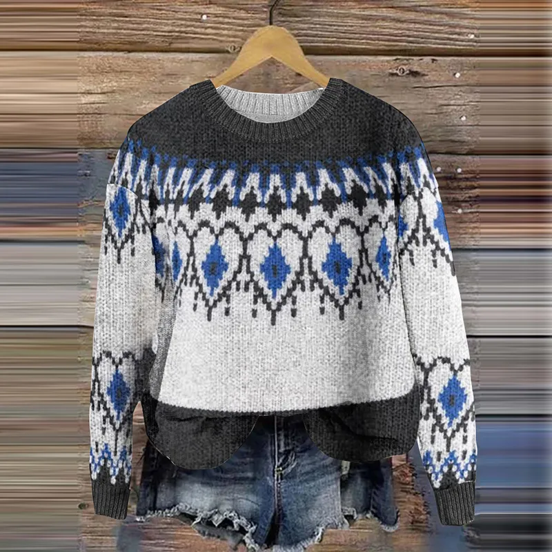 Vintage  Ethnic Geometric Pattern Women'S Sweater