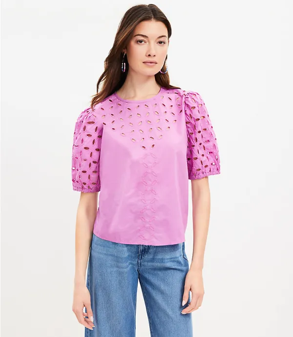 Poplin Eyelet Puff Sleeve Blouse