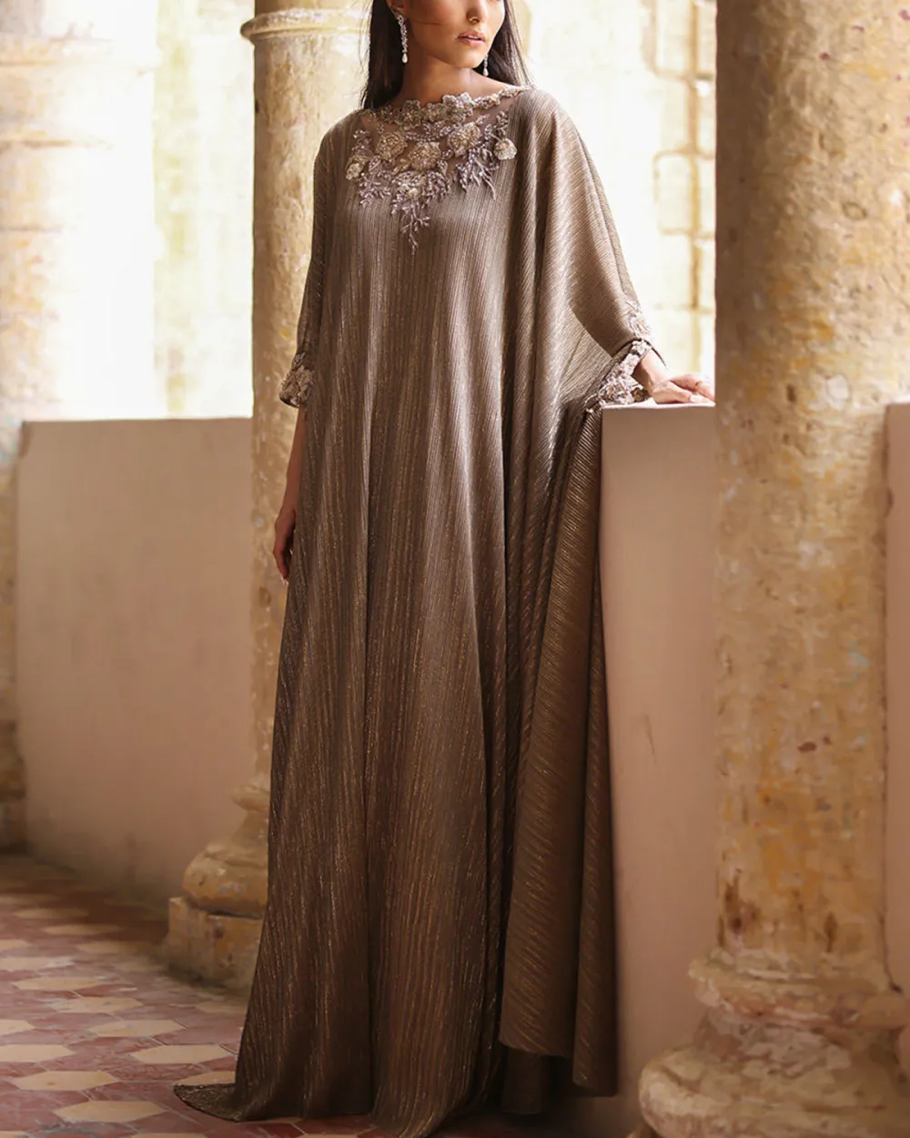 Elegant crystal-embellished velvet kaftan