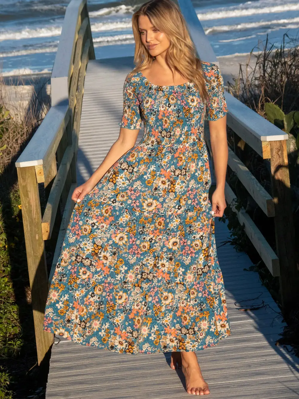 Daisy Tiered Maxi Dress - Blue Tan Floral