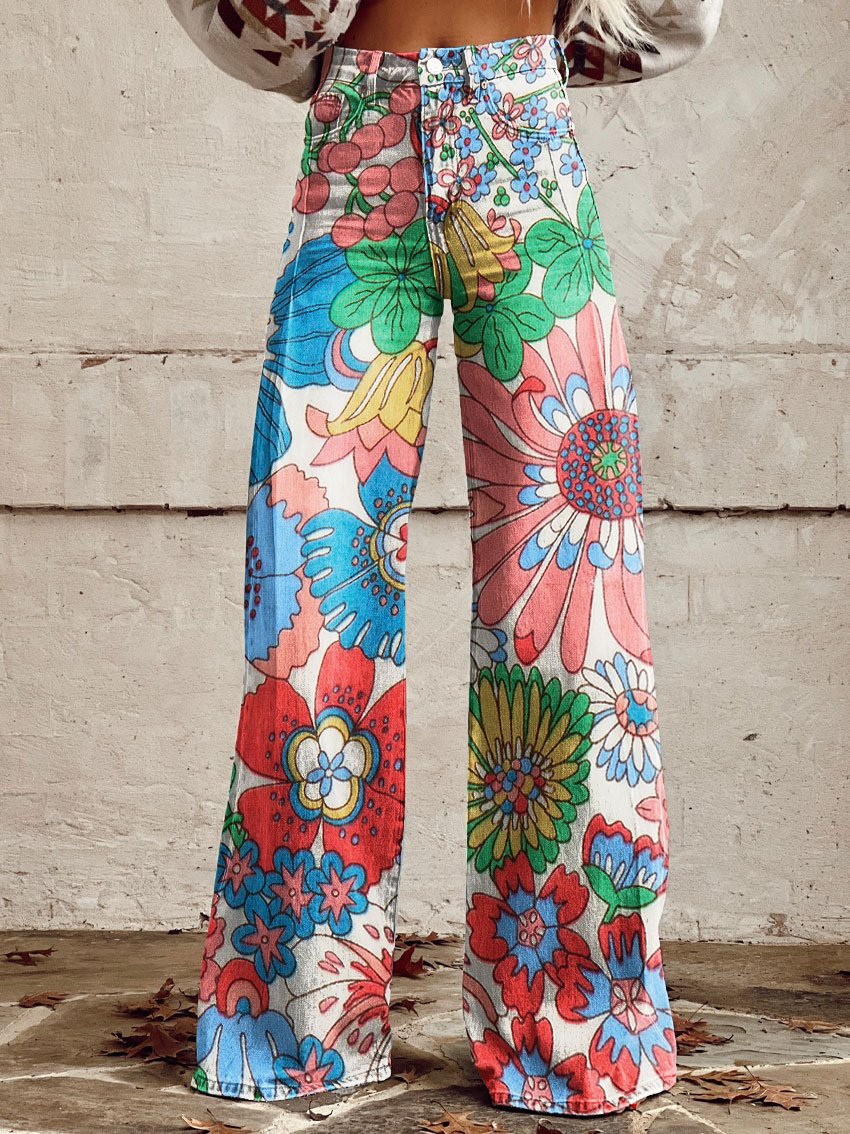 Women's Vintage Stamens Print Casual Wide Leg Pants