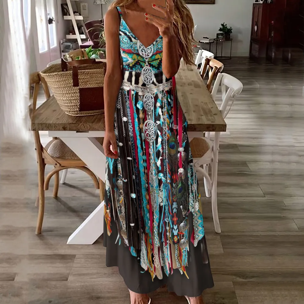 Western Fringe Print Casual Maxi Dress