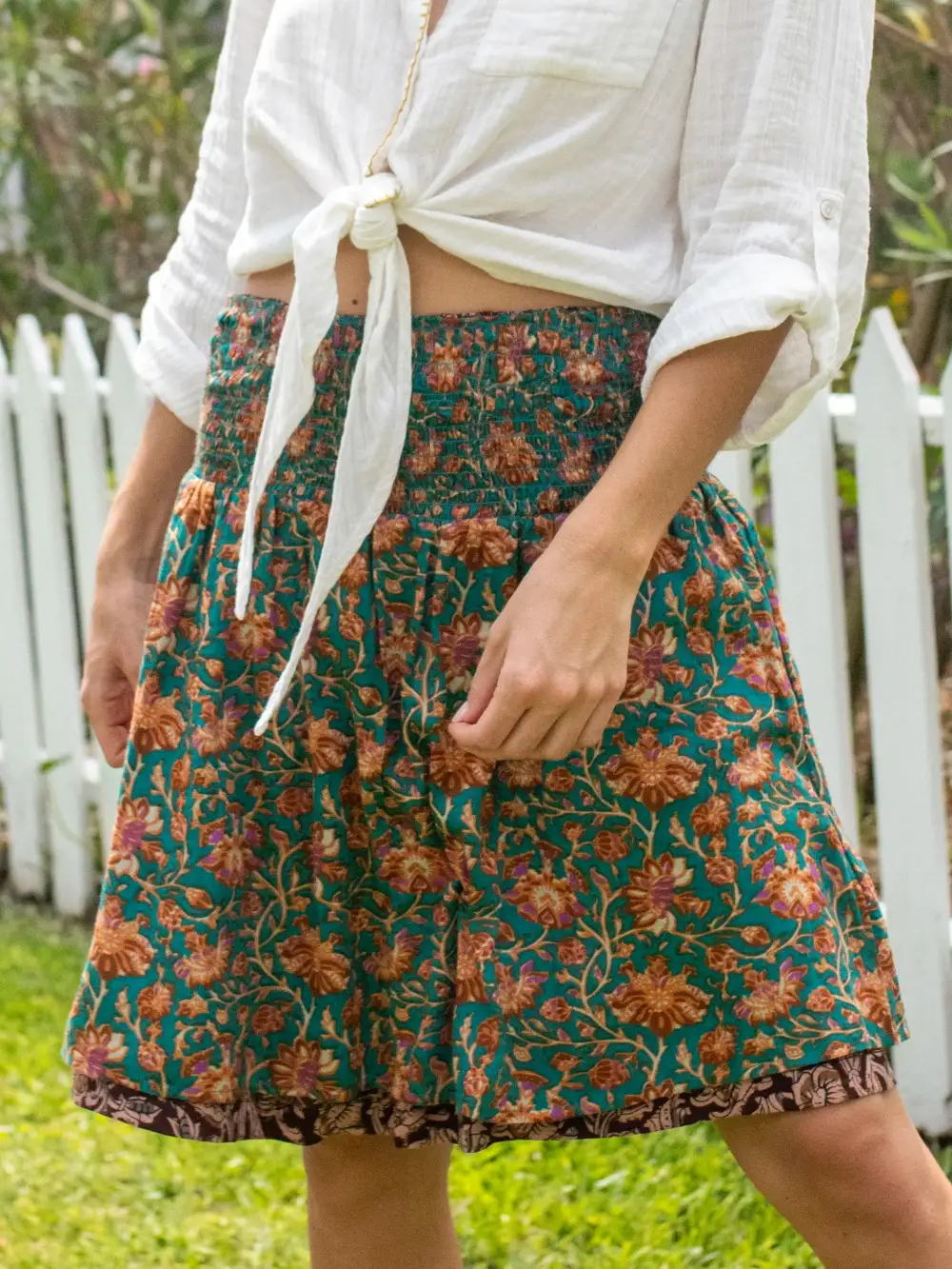 Ruby Reversible Cotton Mini Skirt - Turquoise Brown Floral Vines