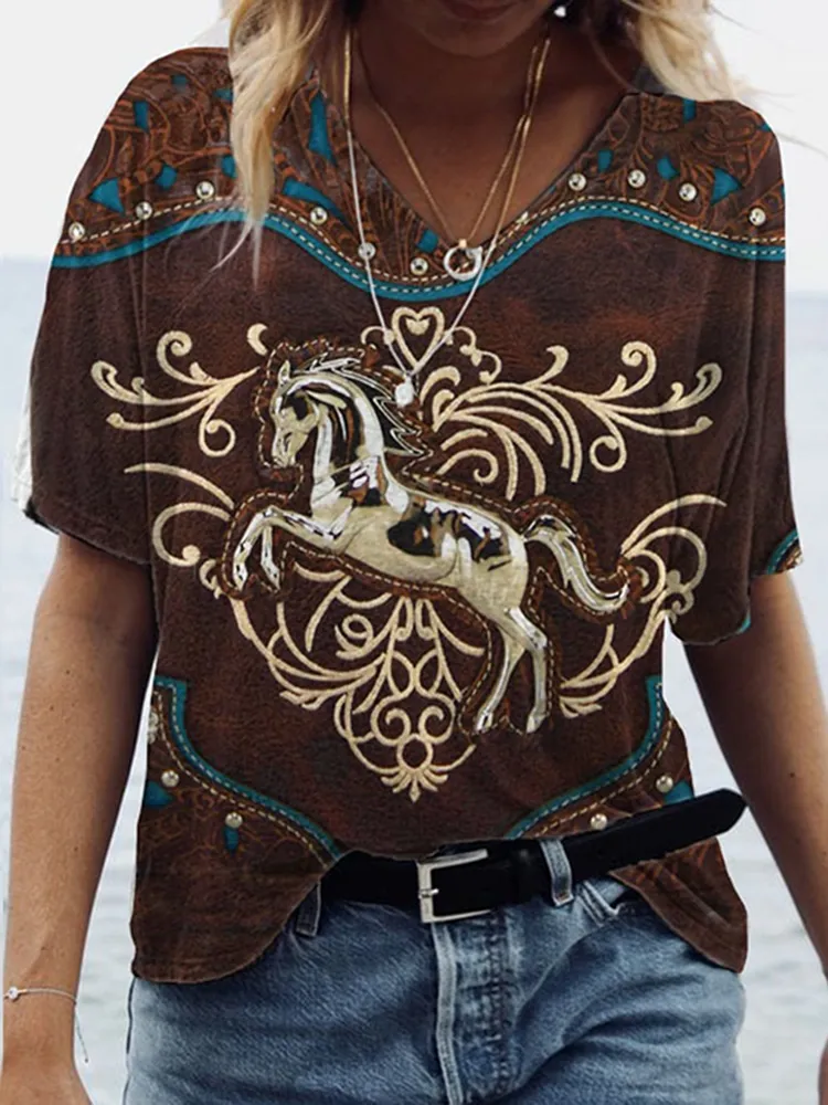 Vintage Western Horse Print V-Neck Short Sleeve T-Shirt