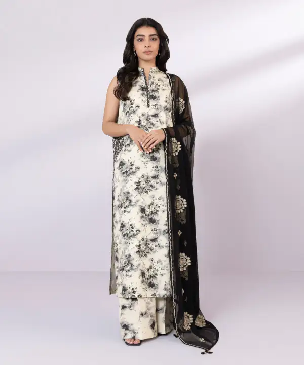 3 Piece - Embroidered Cotton Satin Suit