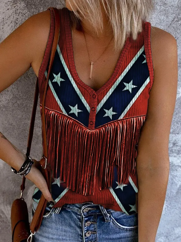 Southern Rebel Flag Tassels Button Up Tank Top